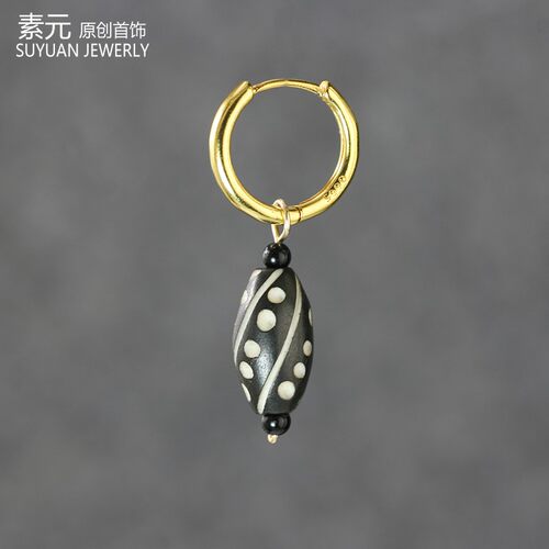 藏族风纯银咖啡色木珠耳圈单只
