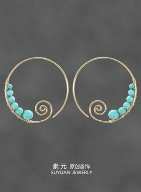 素元欧美蓝色石头海浪圈圈耳环女原创设计洛可可手工掐丝线条首饰