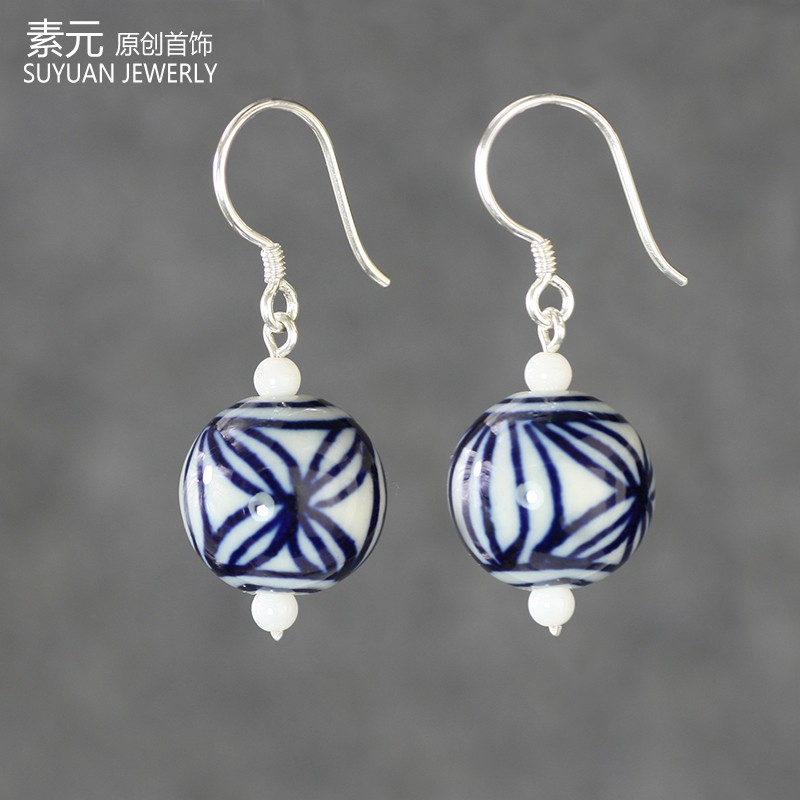 青花瓷耳环纯银女新中式复古蓝色民族风手工陶瓷古典艺术小众耳坠