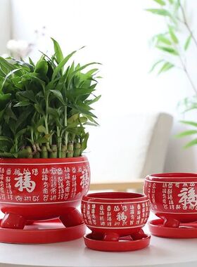 陶瓷花盆中国风红色福字盆创意个性简约桌面古典三脚鼎带托花