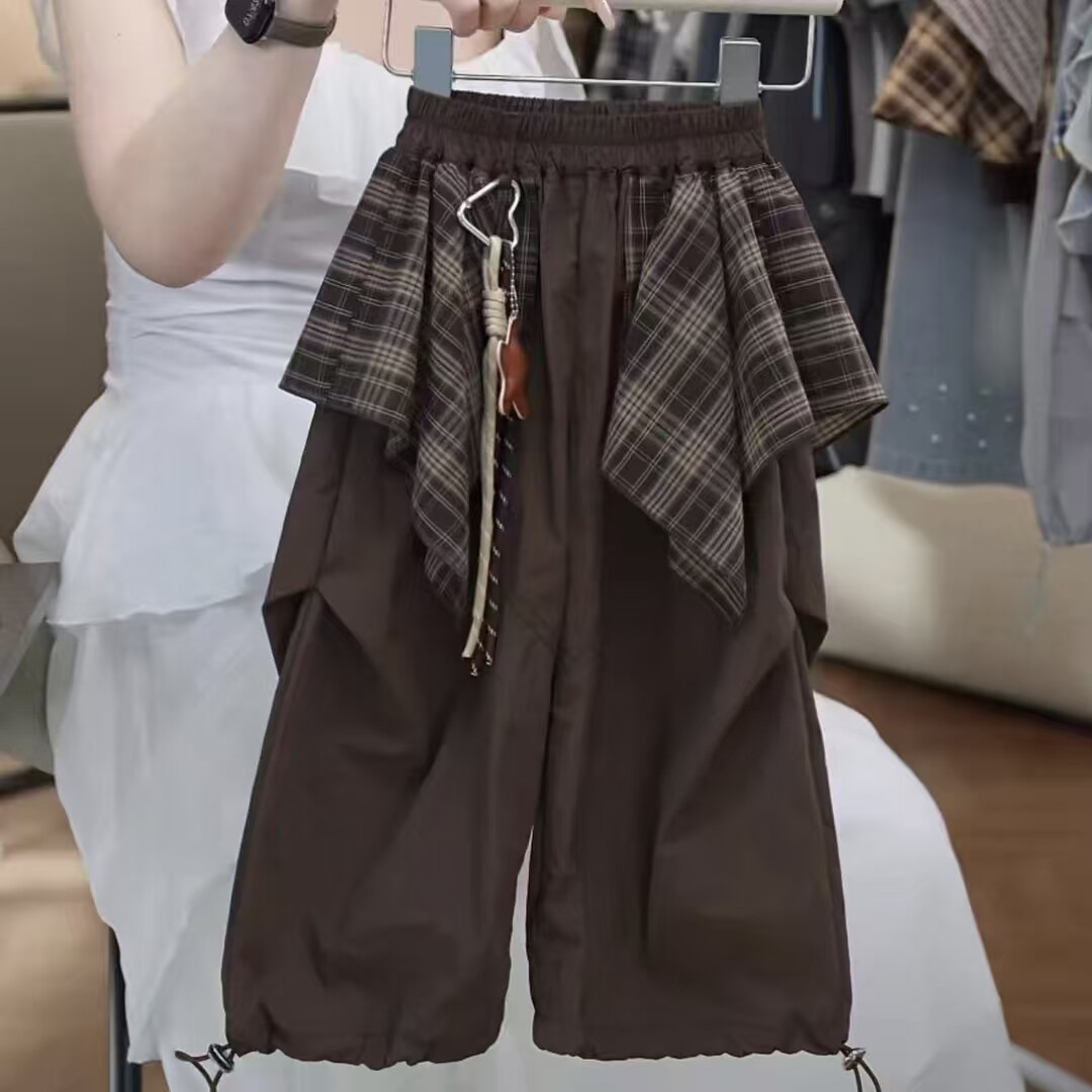女童夏季屁帘工装裤2026新款夏季速干薄款阔腿裤格子假两件防蚊裤