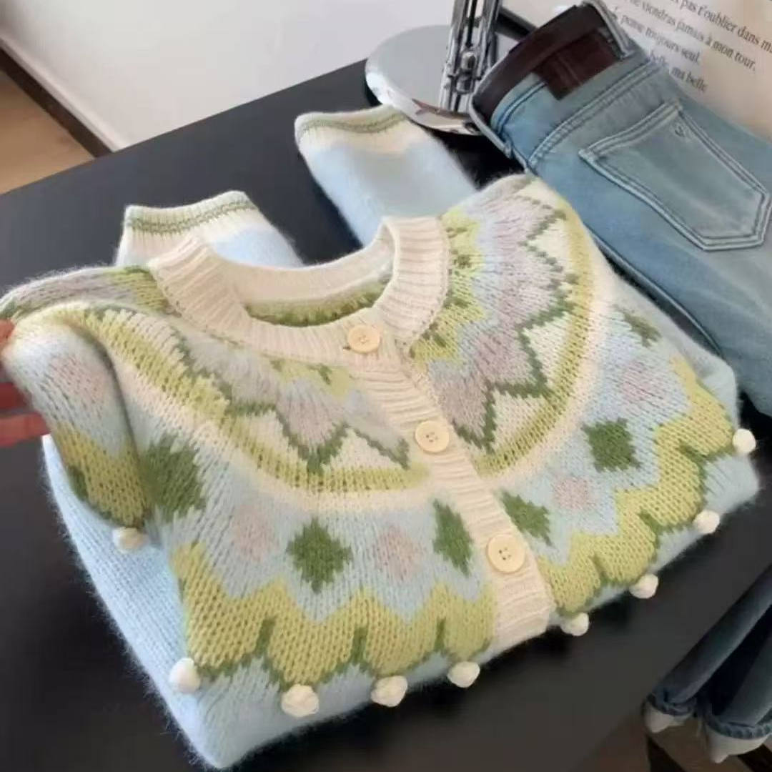 冬季费尔岛圆领针织毛衣上衣