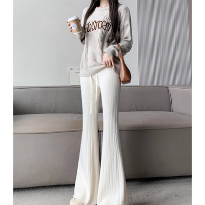 秋冬休闲坑条微喇高腰阔腿马蹄裤