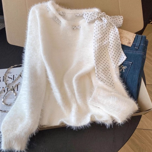 甜美系带仿水貂毛白色毛衣~秋冬慵懒风宽松针织衫