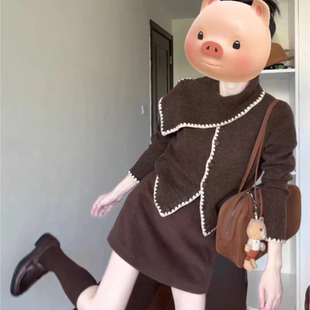 咖色围巾领毛衣外套女秋冬季法式慵懒宽松高级感气质针织开衫上衣