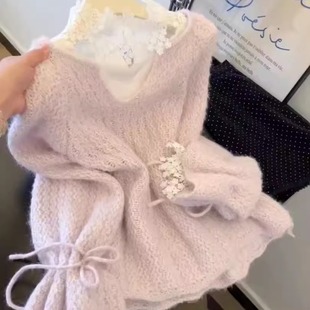 粉紫温柔风粗针织毛衣女秋冬季韩系氛围感宽松软糯长袖v领上衣潮