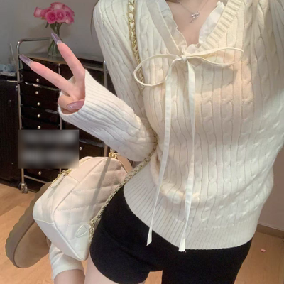 秋冬麻花v领系带花边针织打底衫
