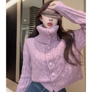 美拉德慵懒风高领毛衣女秋冬外穿高级感加厚短款针织开衫外套上衣