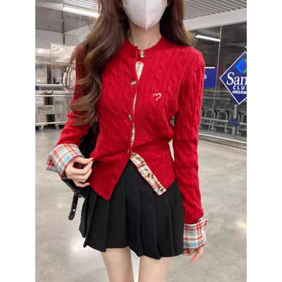 拼接假两件上衣学院风针织衫外套