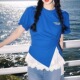 t恤女款 2025新款 夏季 蓝色短袖 爆款 不规则独特蕾丝拼接假两件上衣