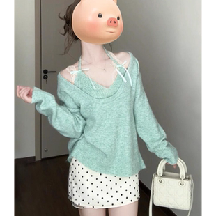 爆款 上衣套装 早秋季 针织衫 设计感 穿搭法式 绿色挂脖毛衣女2025新款