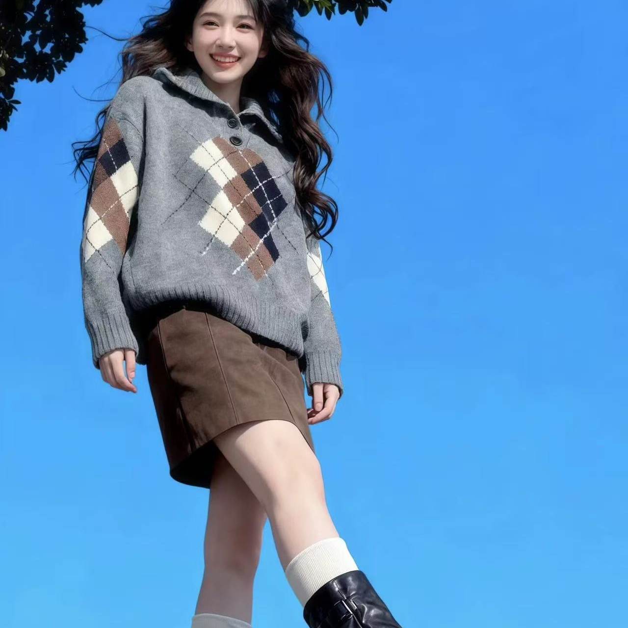 学院风菱格翻领针织衫上衣女秋冬慵懒宽松灰色外套毛衣内搭可外穿,女装/女士精品,毛针织衫,淘宝优惠券,粉丝福利购,淘宝优惠卷