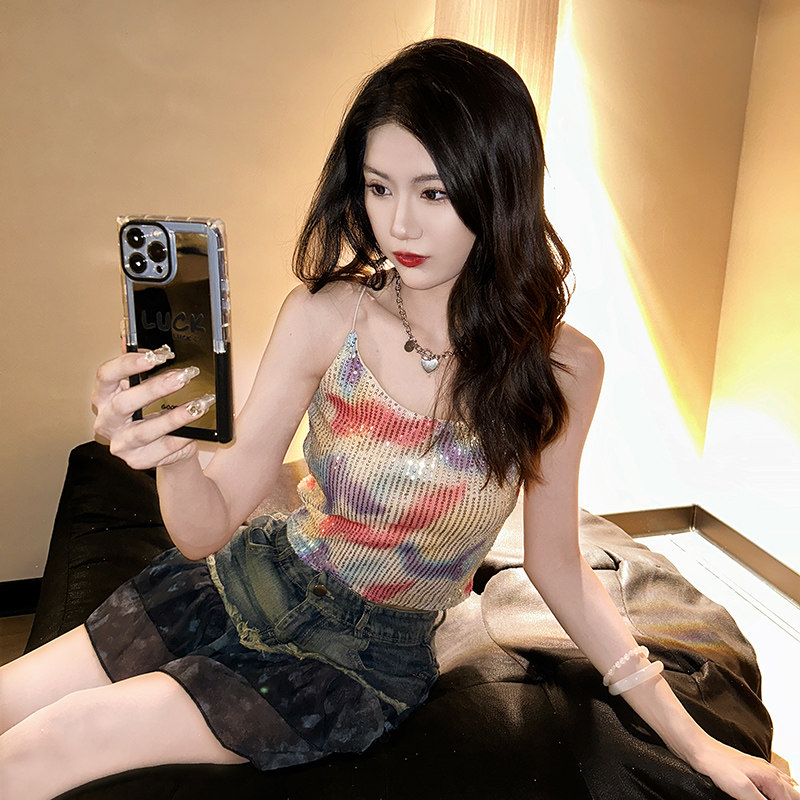 美式甜辣亮片彩色小吊带背心女夏设计感小众辣妹内搭外穿绝美上衣