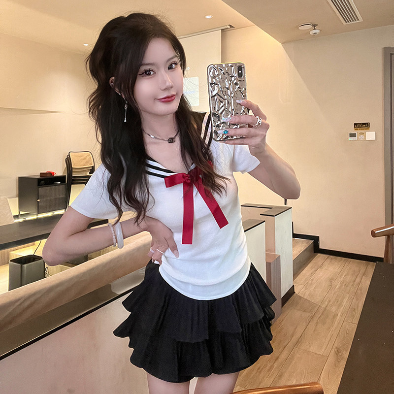 学院风海军领撞色短袖针织衫女夏甜美纯欲甜辣水手服蝴蝶结jk上衣