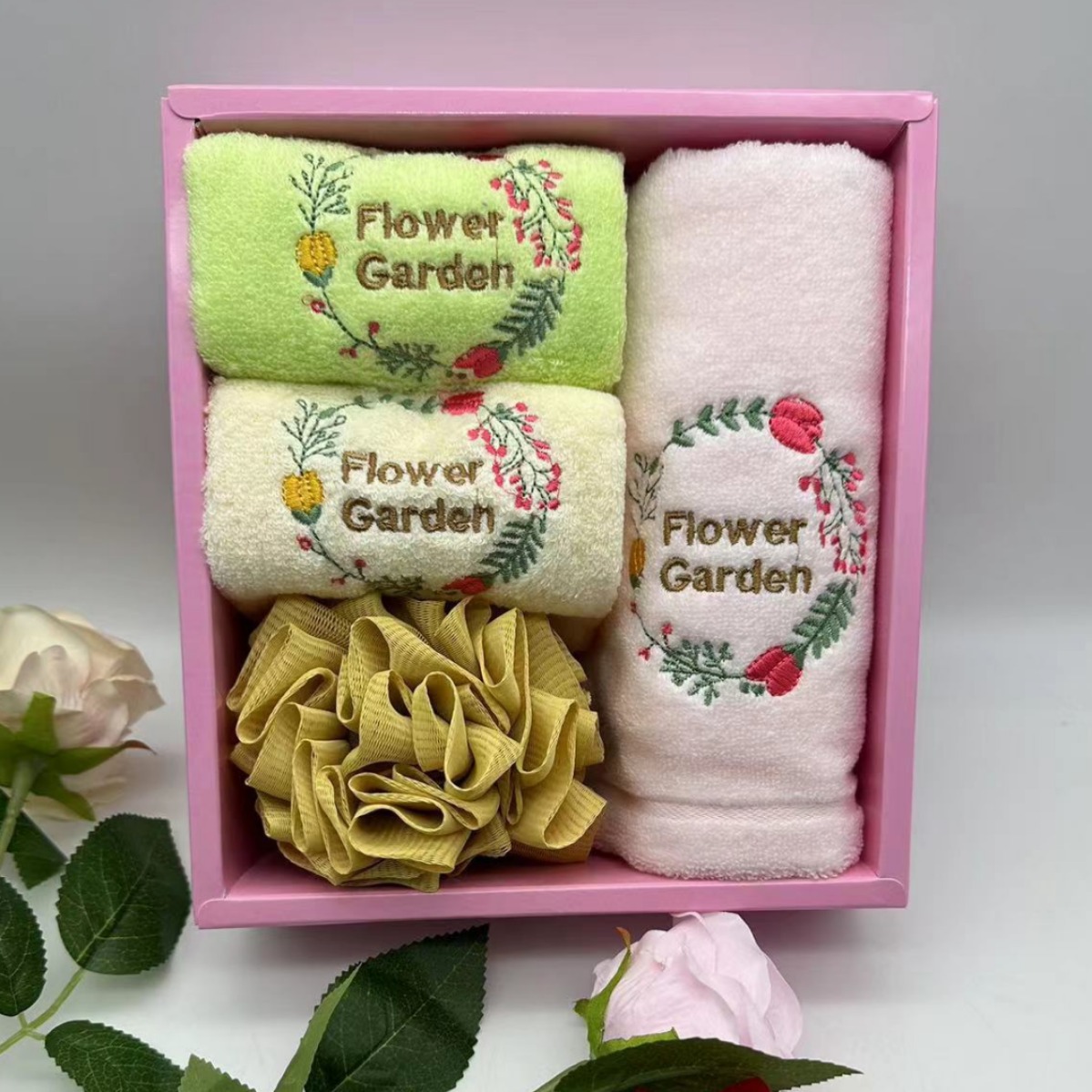 韩国进口刺绣毛巾面巾方巾洗脸巾洁面巾擦手巾浴花4P礼盒装伴手礼