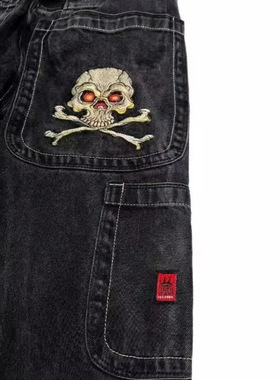 跨境电商宽松牛仔裤男士复古刺绣嘻哈哥特街头服饰原宿男士牛仔裤