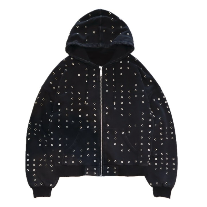 欧美个性潮牌秋季新款跨境圆环孔连帽衫拉链潮流开衫跨境连帽