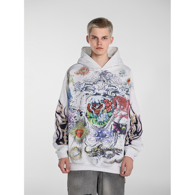 跨境潮牌Saint Michael满印嘻哈3D印花高街宽松连帽衫卫衣外套