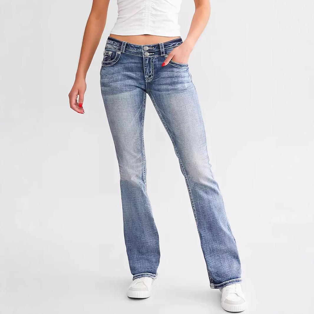 新款女士微喇刺绣牛仔长裤时尚直筒牛仔裤