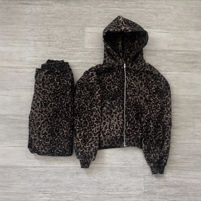 欧美豹纹设计感连帽衫印花复古潮流宽松休闲裤小众男女同款卫衣