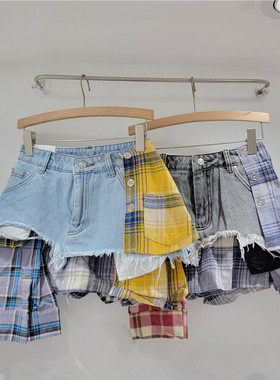 2024春夏解构风蓝黄格子拼接高腰A字牛仔短裤小个子不规则半身裙