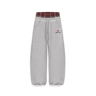 欧美TK跨境美式 宽松男女双腰头假两件 复古条纹刺绣运动休闲裤