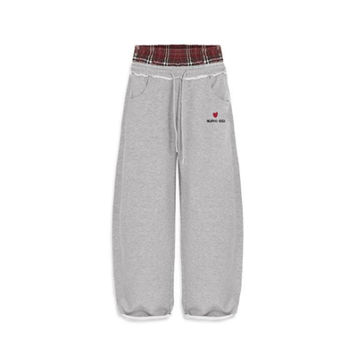 欧美TK跨境美式复古条纹刺绣运动休闲裤宽松男女双腰头假两件