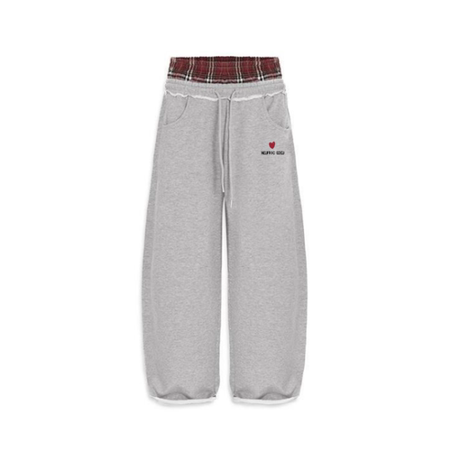 欧美TK跨境美式复古条纹刺绣运动休闲裤宽松男女双腰头假两件