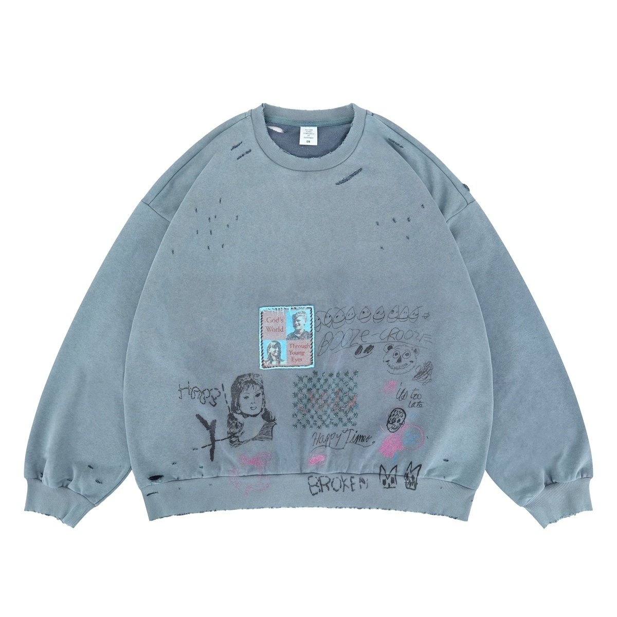 2025秋冬美式潮牌复古做旧破洞贴布印花男女宽松嘻哈个性圆领卫衣,男装,卫衣,淘宝优惠券,粉丝福利购,淘宝优惠卷