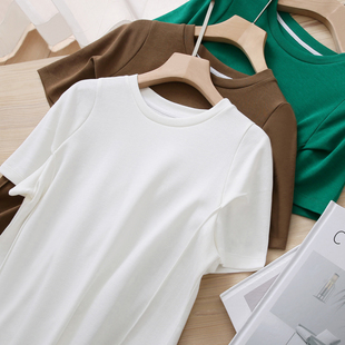 T恤女夏季 圆领80支新疆长绒棉短袖 显白BV绿 藏肉显瘦 剪裁立体