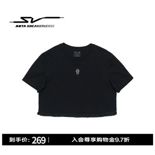 安踏SV欧文系列短袖T恤女棉短款宽松流苏短袖针织衫162621105V