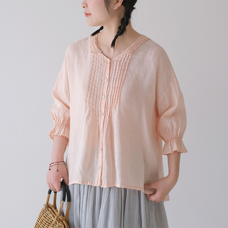 亚麻花边领衬衫女文艺