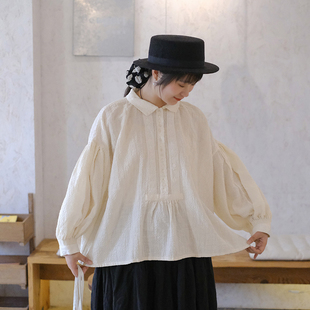 日系亚麻翻领长袖 新款 衬衫 春季 复古文艺裙摆上衣 宽松女 十月雪