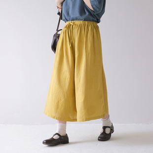 新文艺百搭宽松阔腿裙裤 十月雪 女夏季 阔腿裤 子 日系棉麻提花裙裤