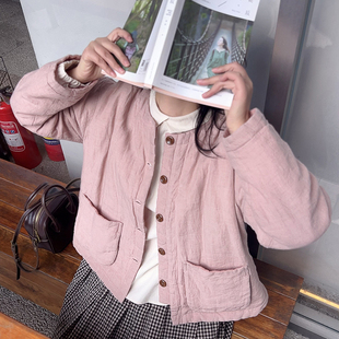 十月雪 纯亚麻夹棉圆领短款开身棉服女秋冬季宽松日系外套上衣