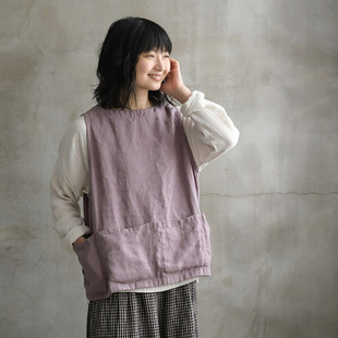 十月雪 文艺背心上衣 日系亚麻圆领马甲前后两穿多口袋马夹女春季