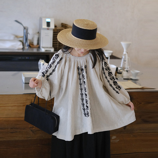 女春新圆领宽松大 日系手工捏摺套头亚麻衬衫 十月雪 雨露麻刺绣