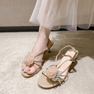 网红山茶花仙女风配裙子凉鞋女2024夏新款绝美高跟凉鞋外穿凉拖鞋