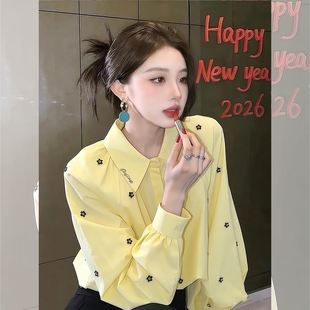 黄色polo领花朵泡泡袖衬衫外套女春季法式温柔风宽松外穿衬衣上衣