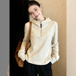 巨好看的短款半拉链连帽卫衣女款2026新款冬季德绒内搭打底衫上衣