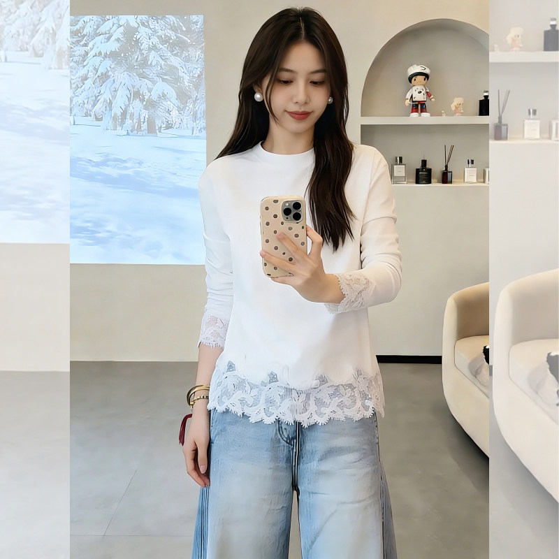 欧货加绒白色蕾丝拼接长袖T恤女2026新款秋冬宽松打底衫内搭上衣,女装/女士精品,T恤,淘宝优惠券,粉丝福利购,淘宝优惠卷