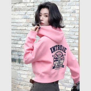 粉色复古印花连帽加绒卫衣独特漂亮美式 复古慵懒气质休闲减龄上衣