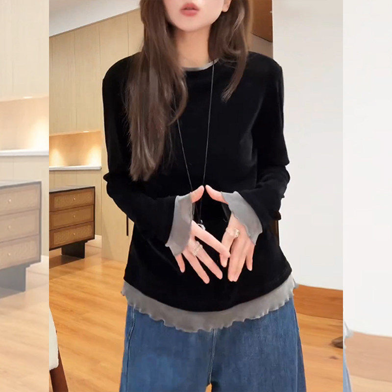 高级感黑色丝绒打底衫内搭女装春季2026年新款木耳边上衣长袖t恤,女装/女士精品,T恤,淘宝优惠券,粉丝福利购,淘宝优惠卷