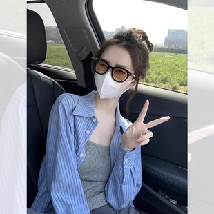 休闲慵懒风穿搭polo领衬衫 外套女秋季 chic高级感蓝色条纹衬衫 韩版