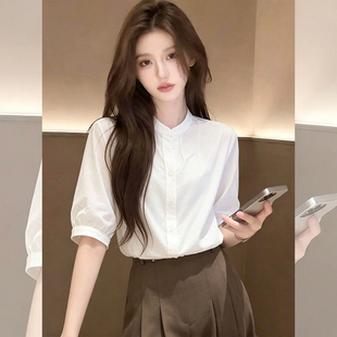 法式气质白色立领短袖衬衫女款2026新款夏季独特超好看泡泡袖上衣