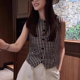 法式复古圆领黑白格子无袖衬衫女2025夏季新款设计感短款马甲上衣
