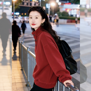 红色半高领卫衣女款2026冬新款加绒加厚韩系慵懒风高级感圣诞上衣