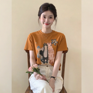 多巴胺橙色印花短袖t恤女独特漂亮夏季穿搭宽松时尚洋气正肩上衣