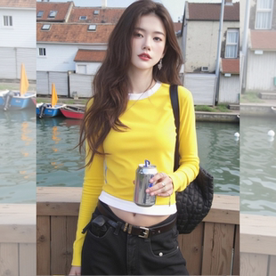 早秋独特超好看上衣韩系chic小众设计感多巴胺黄色假两件长袖T恤