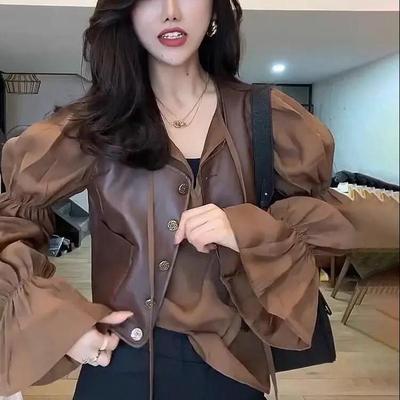 2025春季韩版pu皮马甲背心外套两件套潮复古法式泡泡袖衬衫套装女